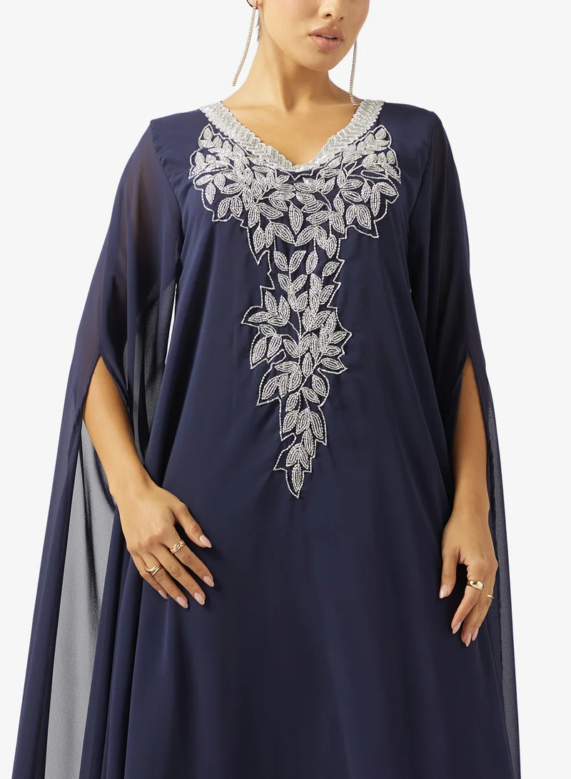 hayas closet V-Neck Embroidered Neck Cape Sleeve Dress